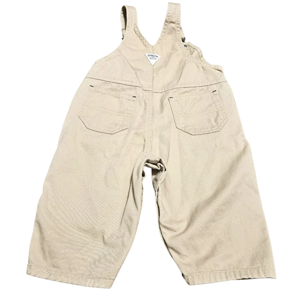 Vtg y2k OshKosh B’gosh Beige Overalls 12M Baby Boy OKB Patch Utility 100% Cotton